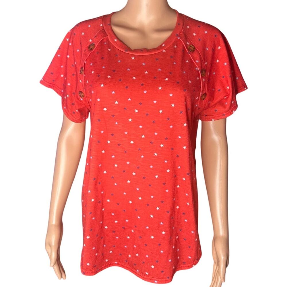 All in Love Red short sleeve top size l white and blue stars and buttons details